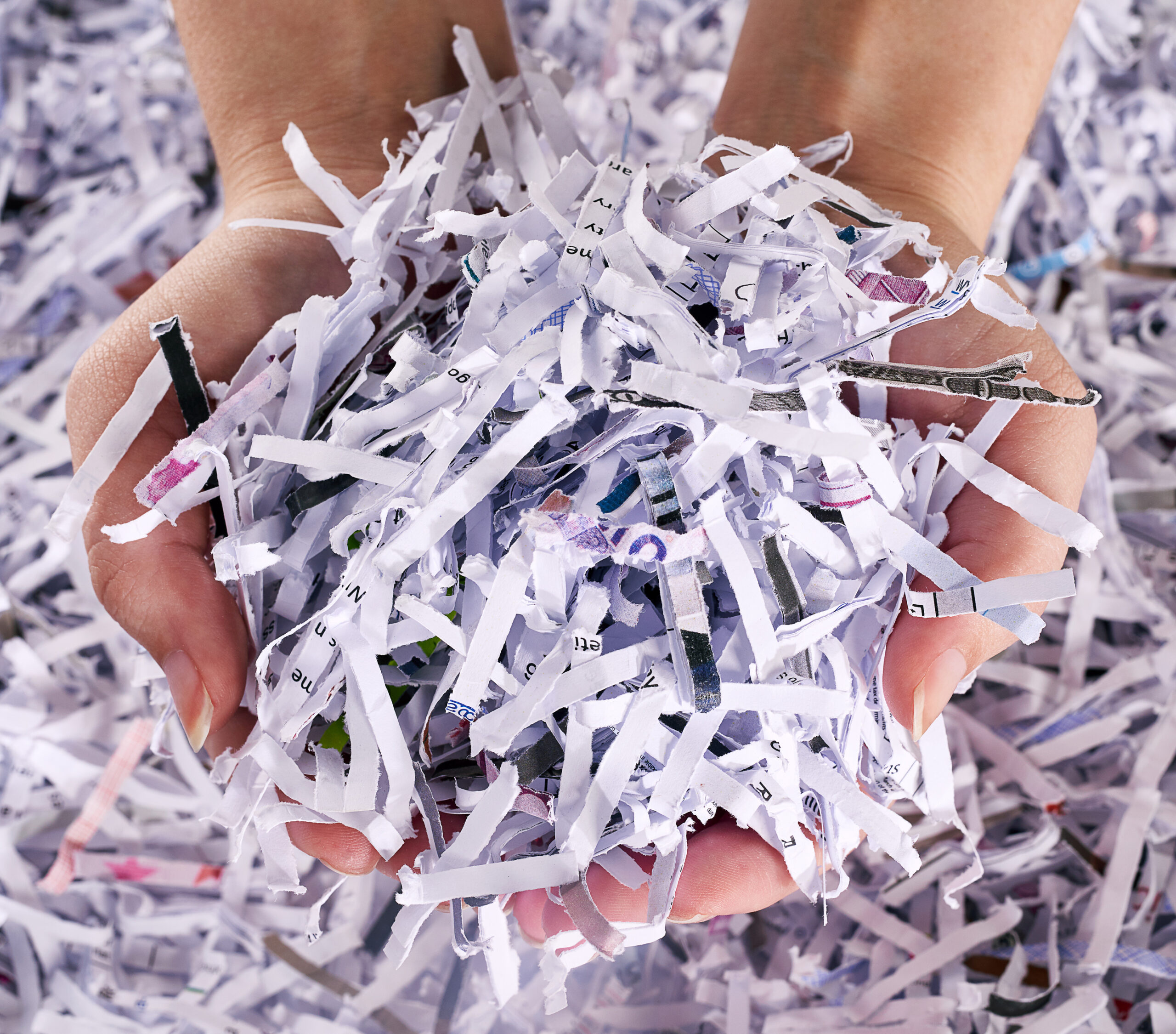 Studio shot of a womans hands holding a pile of shredded paper.